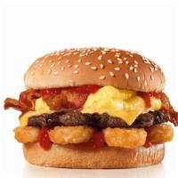 The Breakfast Burger · Charbroiled all-beef patty, crispy bacon, egg, American Cheese, Hash Rounds®, and Ketchup on...