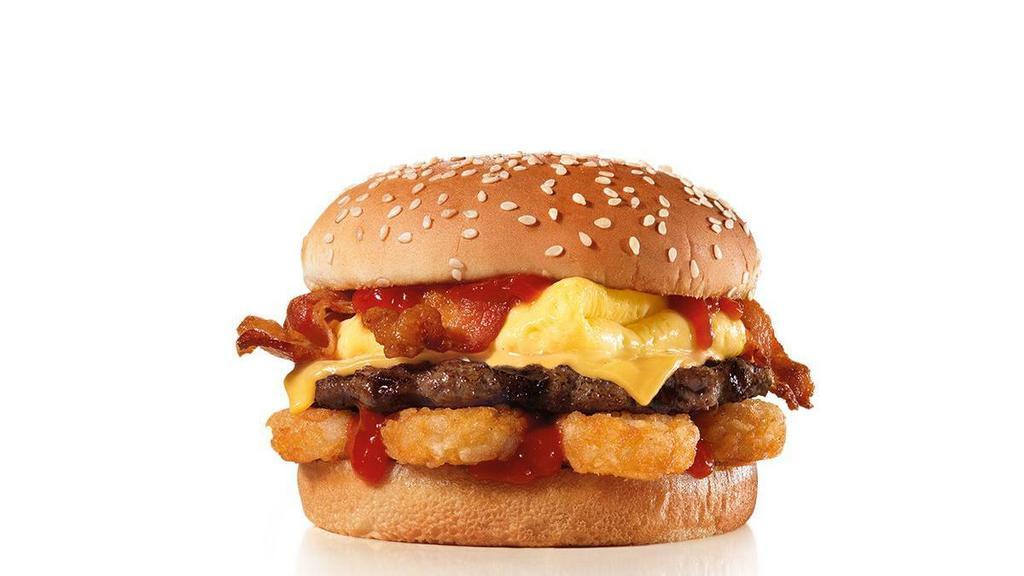 The Breakfast Burger · Charbroiled all-beef patty, crispy bacon, egg, American Cheese, Hash Rounds®, and Ketchup on a seeded bun.. Breakfast served until *10:30am (*Hours may vary by day)