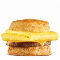 Sausage Egg & Cheese Biscuit · Grilled sausage, folded egg, American cheese on a buttermilk biscuit.. Breakfast served unti...