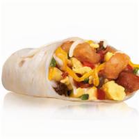 Loaded Breakfast Burrito · Sausage, bacon bits, scrambled eggs, Hash Rounds®, shredded cheese, fresh salsa, wrapped in ...