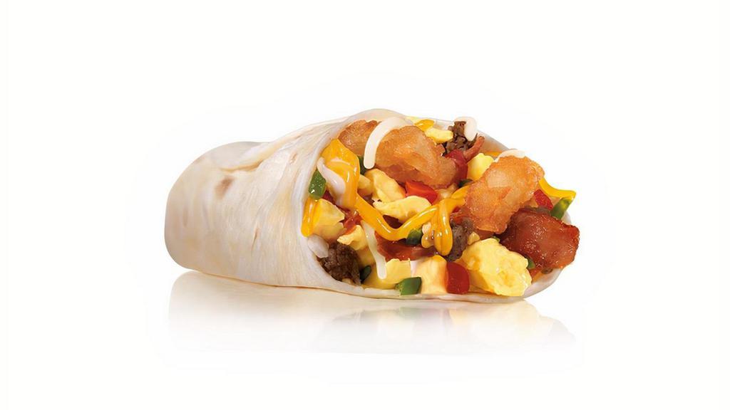 Loaded Breakfast Burrito · Sausage, bacon bits, scrambled eggs, Hash Rounds®, shredded cheese, fresh salsa, wrapped in a warm flour tortilla. . Breakfast served until *10:30am (*Hours may vary by day)