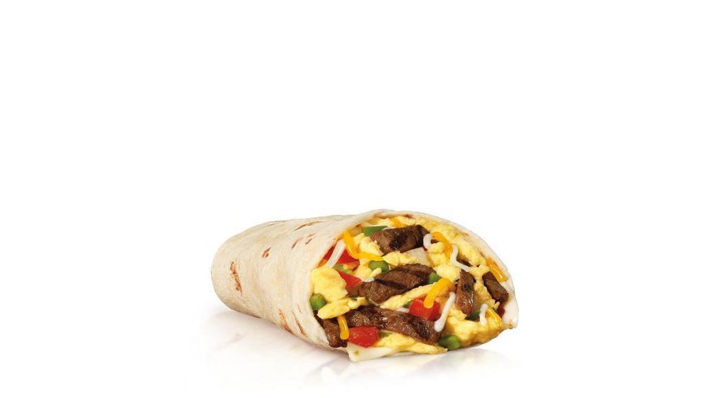 Steak And Egg Burrito · Charbroiled steak, scrambled eggs, shredded cheese, and fresh salsa, wrapped in a warm flour tortilla. . Breakfast served until *10:30am (*Hours may vary by day)
