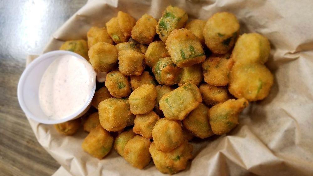 Fried Okra · Okra with a cornmeal batter, deep-fried, and served with our Southwest ranch.