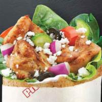 Souvlaki · Chicken Breast grilled with  our Secret Sauce,
 Spinach, Tomatoes, Onions, Feta, Cucumbers, ...