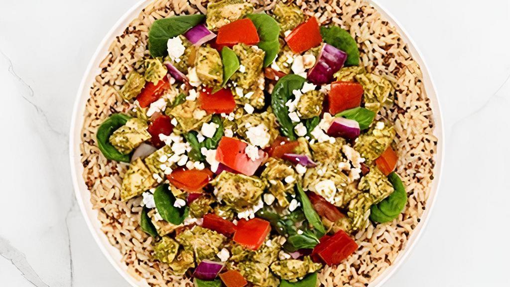Bruschetta · Quinoa and Brown Rice topped with Chicken, Tomatoes and Onions Grilled in Pesto and Balsamic Vinaigrette; Spinach, Feta, Garlic Romano, Salt, Pepper and Finished with Balsamic Vinaigrette