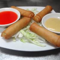 Spring Rolls (4) · Vegetarian. Cabbage, carrots, and celery wrapped into a spring roll and lightly fried