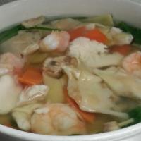 Wor Wonton Soup (Large) · Chicken filled wontons, assorted vegetables, shrimp, and chicken in a light
seasoning broth.