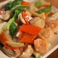 Shrimp With Vegetables · Gluten-Free. Large shrimp, baby corn, broccoli, snow peas, mushrooms, carrots, zucchini,
bam...