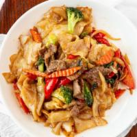 Drunken Noodle · Pan fried flat rice noodle, choice of meat, broccoli, onion, bell pepper, tomato, basil with...