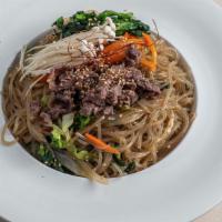Japchae · Stir-fried glass noodles with vegetables served with choice of blue house beef, grilled chic...