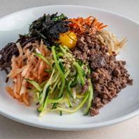 Bibimbap · steamed white rice served with sauteed bean sprouts, spinach, shredded carrots, radish, zucc...