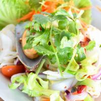 Spicy Seafood Salad · Spicy. Shrimp, fish, mussel, scallop, calamari, chili, garlic, onion, Chinese celery, green ...