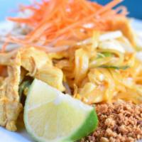 Pad Thai · Thai rice noodles stir-fried with your choice of protein, egg, bean sprout, scallion and cru...