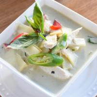Green Curry · Spicy. A spicy and sweet green curry sauce with coconut milk, eggplant, bamboo shoot, carrot...