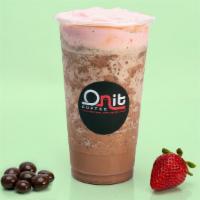 Onit Chip Strawberry Mocha Frizz · Chococlate, strawberry flavor, espresso, milk, and chocolate covered coffee beans blended to...