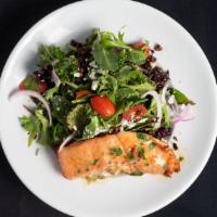 Balsamic Salmon Salad · organic greens | red onions | cherry tomato | crumble blue cheese | caramelized pecans | bal...