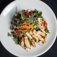 Arugula Chicken Salad · cherry tomato | caramelized walnuts | dried cranberries | strawberry | shaved carrots | gorg...