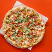 Zbq Chicken Pizza · Bbq sauce, mozzarella, marinated chicken breast, roasted peppers, red onions, roma tomatoes,...