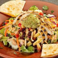 Chicken Quesadilla Salad · Grilled chicken breast, served on top of mixed greens with cheese, tomatoes, and salsa de pi...