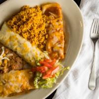Enchiladas Trio · One each of cheese with red sauce, ground beef with green sauce, and chicken with sour cream...