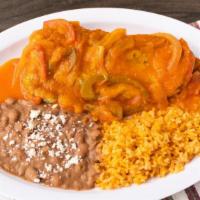 Chile Relleno Plate · Beans | Rice | Chile Relleno | Bell Pepper Sauce | 4 Homemade Tortillas
