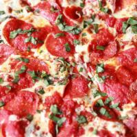Pepperoni Pizza · Pepperoni, Mozzarella, tomato sauce, and fresh Basil