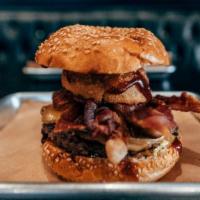 San Fernando Burger · Beer Battered Maui Onion Ring, Bacon, American Cheese, Pickles, BBQ Sauce