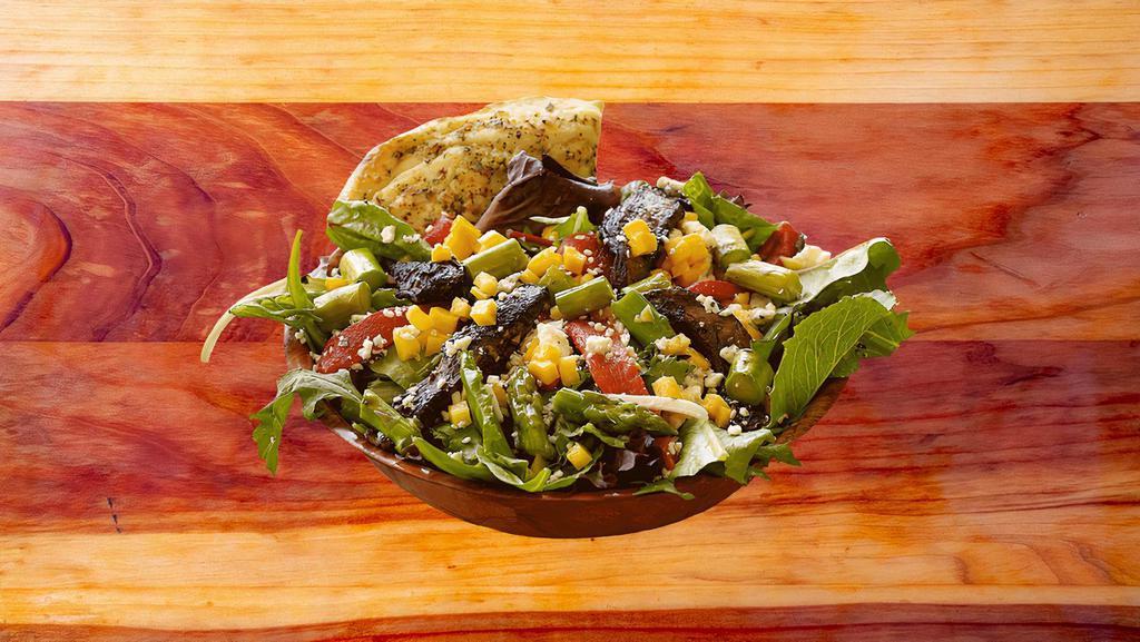 Port Salad · Mixed greens, asparagus, portabellas, butternut squash, roasted red peppers and Gorgonzola served with balsamic vinaigrette.