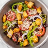 Garden Salad (Small) · Romaine hearts, spring mix, red onion, green bell pepper, black olives, tomatoes, croutons a...
