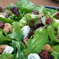 Oh Baby Salad · Spring mix, aged Gorgonzola crumbles, candied walnuts, and dried cranberries with balsamic v...