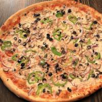 Veggie · Flippin' pizza sauce. 100% whole milk mozzarella, groen boll pepper, red onion, black olives...