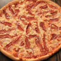 Hawaiian Bacon · Flippin' pizza sauce, 100% whole milk mozzarella, bacon, pineapple and red onion.