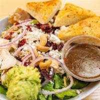 Goat Cheese Chicken Salad · Mixed greens, grilled chicken breast, Goat cheese, bacon, red onions, avocado, roasted cashe...