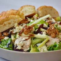 Walnut & Green Apple Salad · Mixed greens, grilled chicken breast, bleu cheese crumbles, green apples, candied walnuts, c...