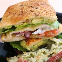 Garden Vegetable Sandwich · Veggie. Romaine lettuce, roma tomatoes, provolone cheese, red onions, avocados, cucumbers an...