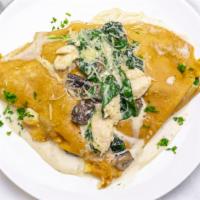 Chicken & Spinach Crepe · Mushroom, chicken, spinach & mozzarella cheese in cream sauce.