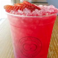 Hibiscus Strawberry Tea · Cold brewed hibiscus flowers with strawberry, strawberry popping boba. Non-dairy.