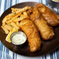 Three Pieces Of Cod + Fries · three pieces of our famous ale-battered Pacific cod + crispy french fries served with tartar...