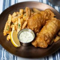 Two Pieces Of Fried Cod + Fries · two pieces of our famous ale-battered Pacific cod + crispy french fries served with tartar s...