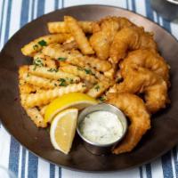 Five Jumbo Shrimp + Fries · 5 ale-battered wild shrimp + crispy french fries served with home-made tartar sauce.