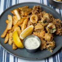 Calamari + Fries · crispy local wild calamari and fries cooked to perfection served with tartar sauce.