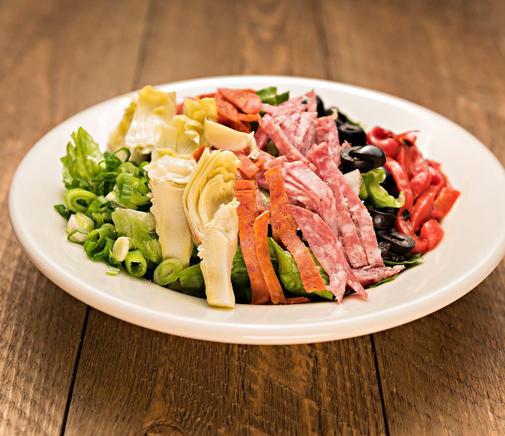 Antipasto · Fresh cut lettuce, strips of Italian salami and pepperoni, black olives, artichoke hearts, green onions, roasted red peppers with no dressing. 464 calories.