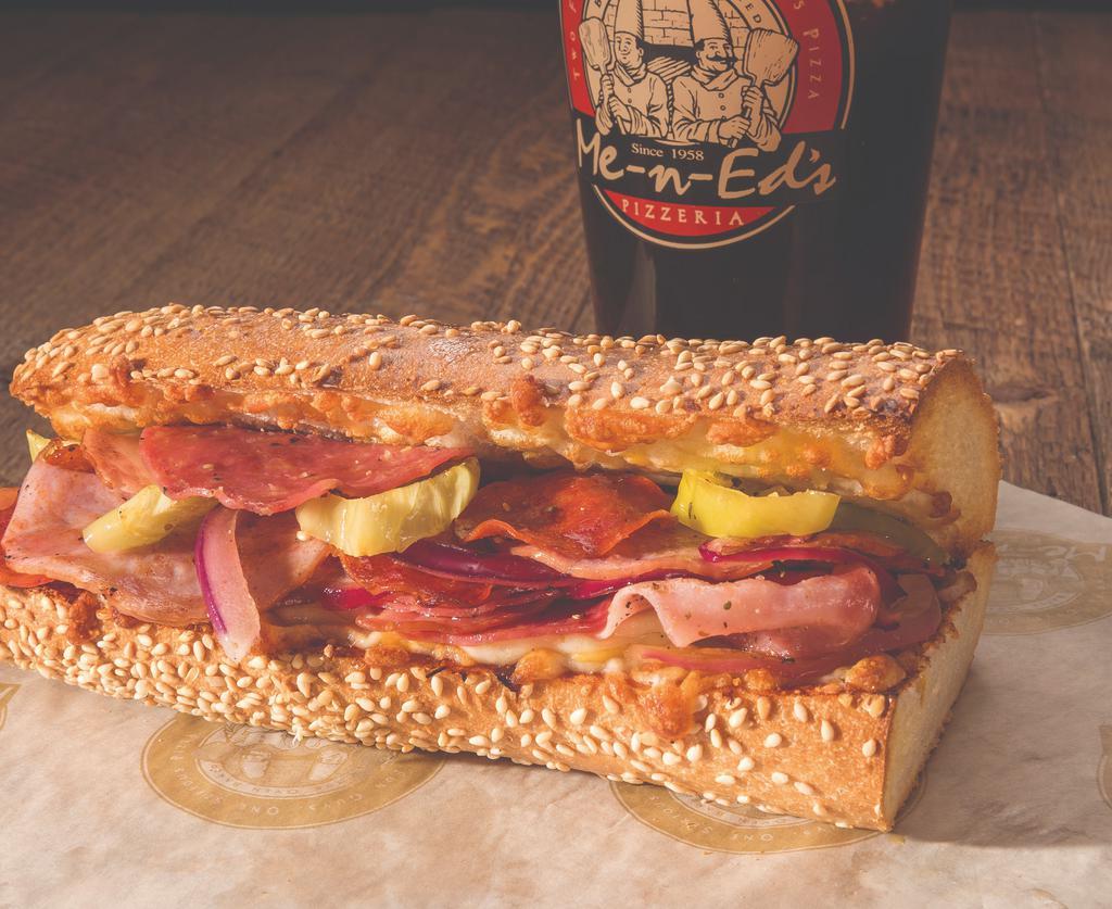 The Sicilian · Salami, pepperoni, Canadian bacon, pepperoncini, classic red sauce, five-cheese blend. 740 calories.