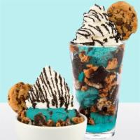 Cookie Monster · Cookie Monster ice cream, crushed Chips Ahoy cookies, crushed Oreo cookies, chocolate fudge ...