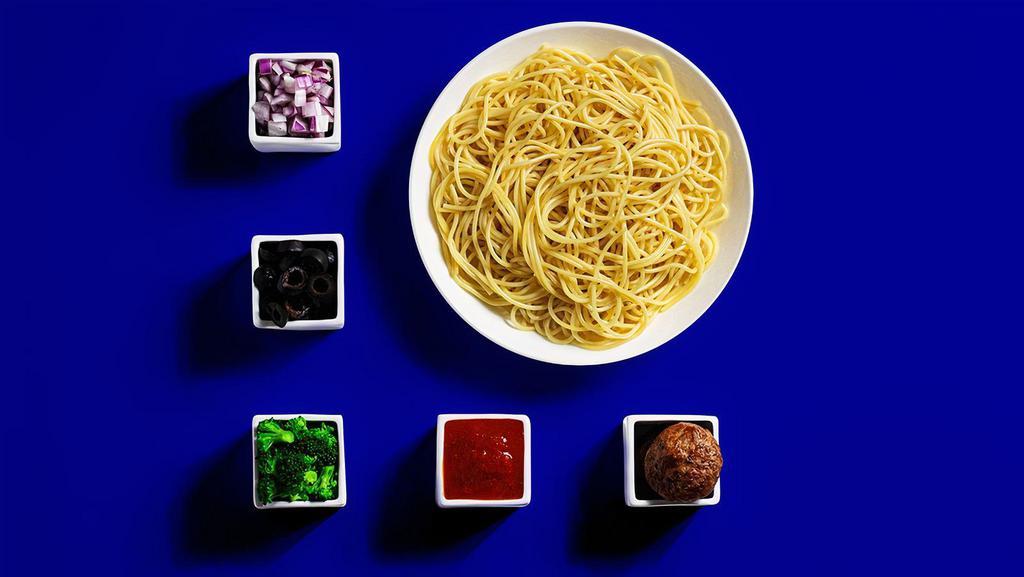 Spaghetti · Build your own pasta with your choice of sauce, toppings, and garnishes!