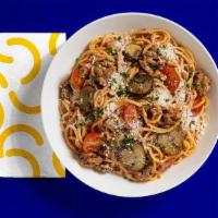 House Spaghetti · Spaghetti with tomato cream sauce, Italian sausage, mushrooms, tomatoes, fresh parsley, parm...