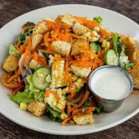 House Salad · Mixed lettuces, fresh white corn, tomatoes, cucumbers & rustic croutons.