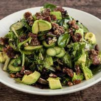 Natalie'S Salad · Baby greens, candied pecans, gorgonzola crumbles, avocado, cucumber & balsamic dressing.