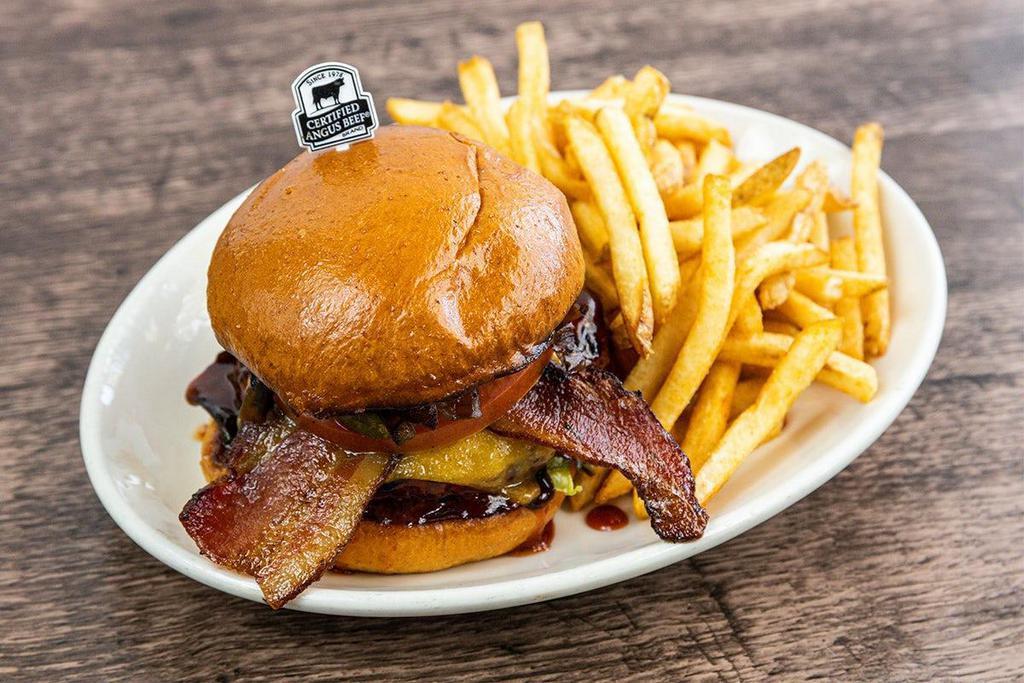 Buckeye Burger · Certified Angus Beef® ground chuck, topped with our Signature BBQ sauce, applewood-smoked bacon & Tillamook® cheddar.