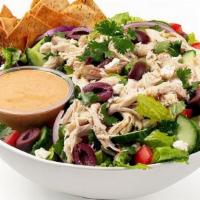 Salad · salad base: lettuce, cucumber, red onion, kalamata olives, cilantro, parsley, feta cheese, p...